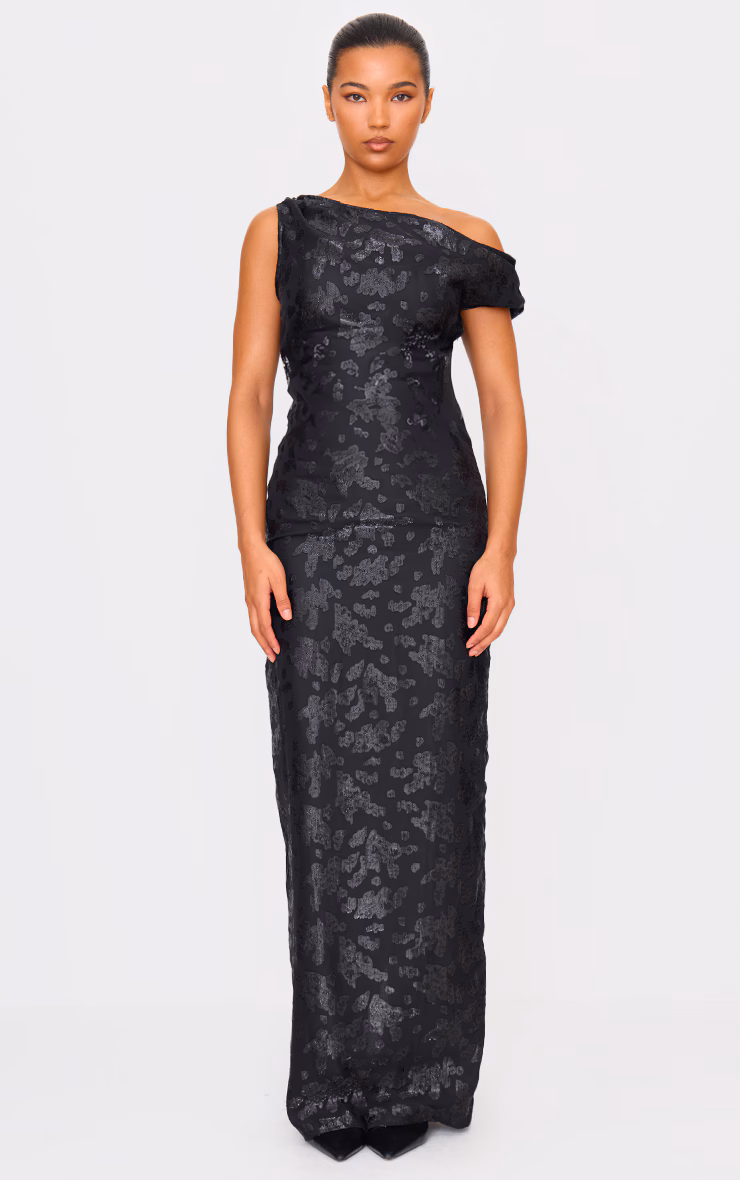 Black Glitter Devore Asymmetric Maxi Dress