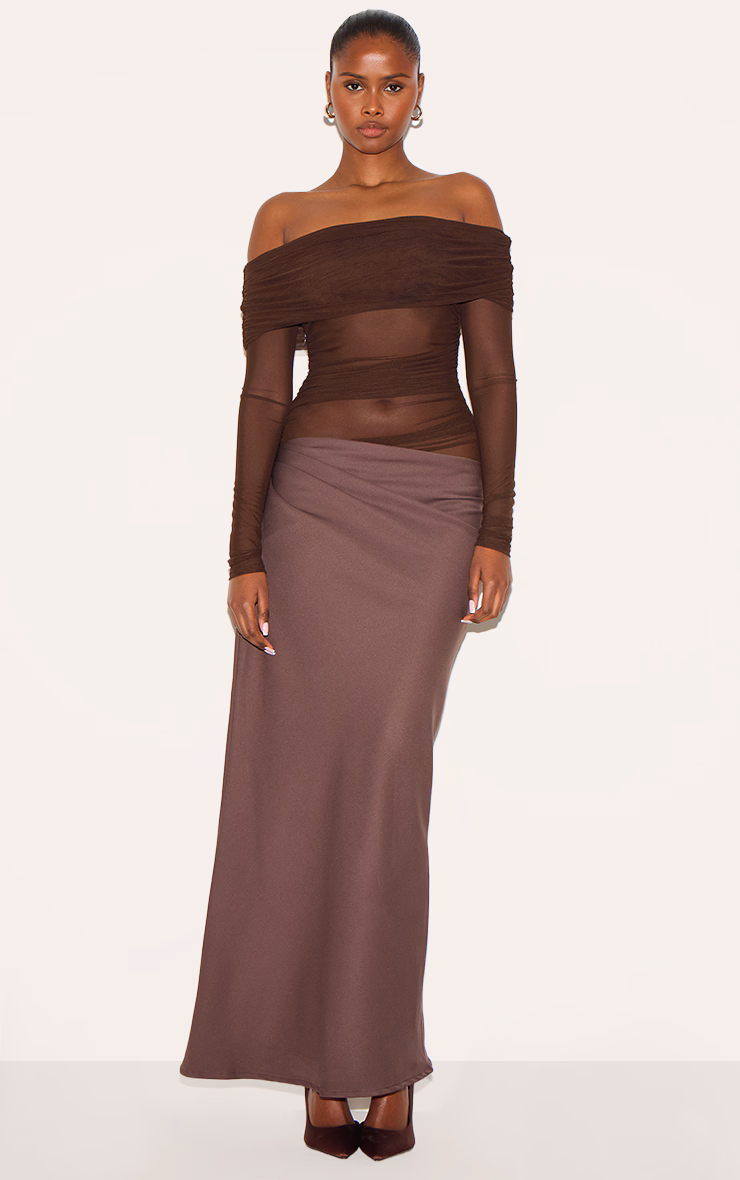 Chocolate Satin Mesh Detail Bardot Maxi Dress
