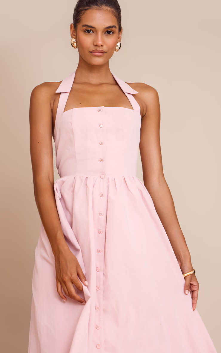 Dusty Pink Woven Button Collar Midaxi Dress