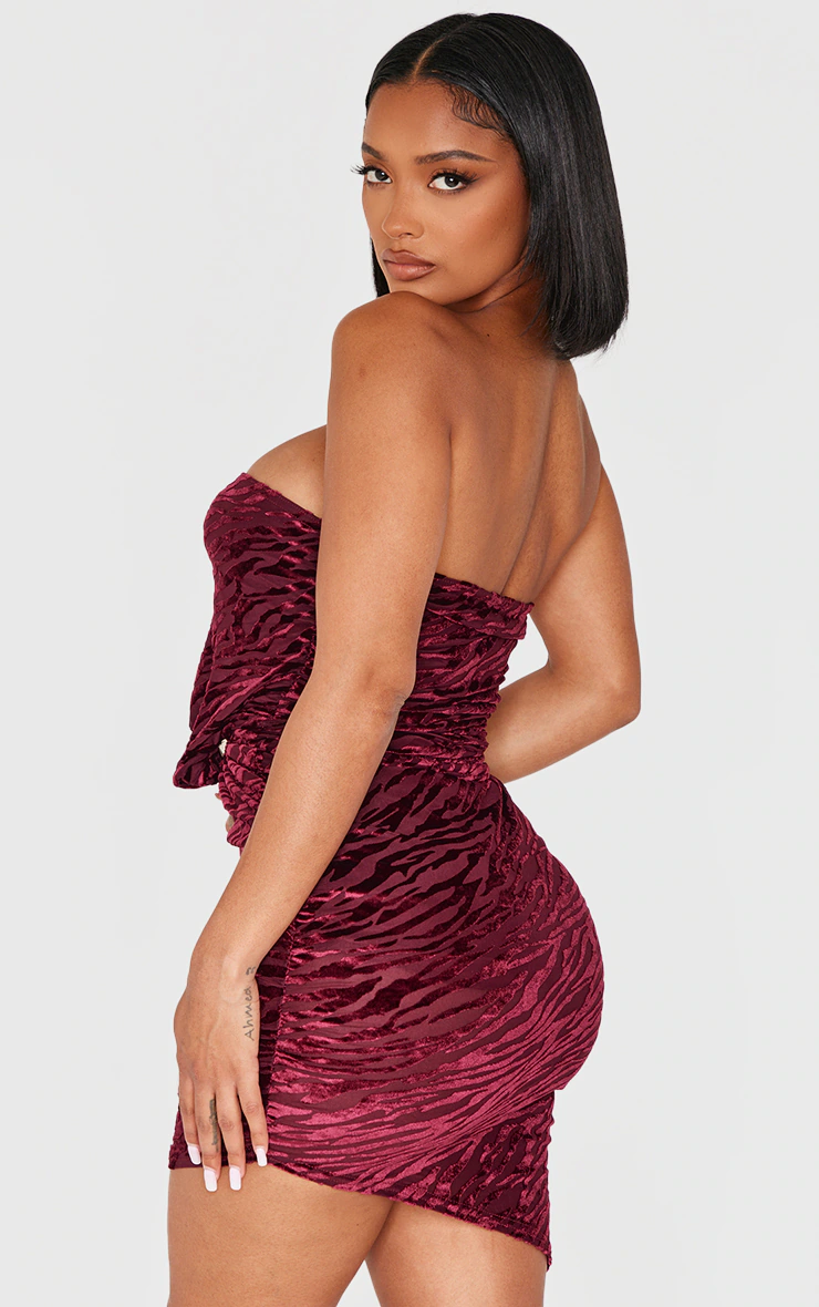 Shape Burgundy Zebra Devore Bandeau Ruched Side Mini Dress