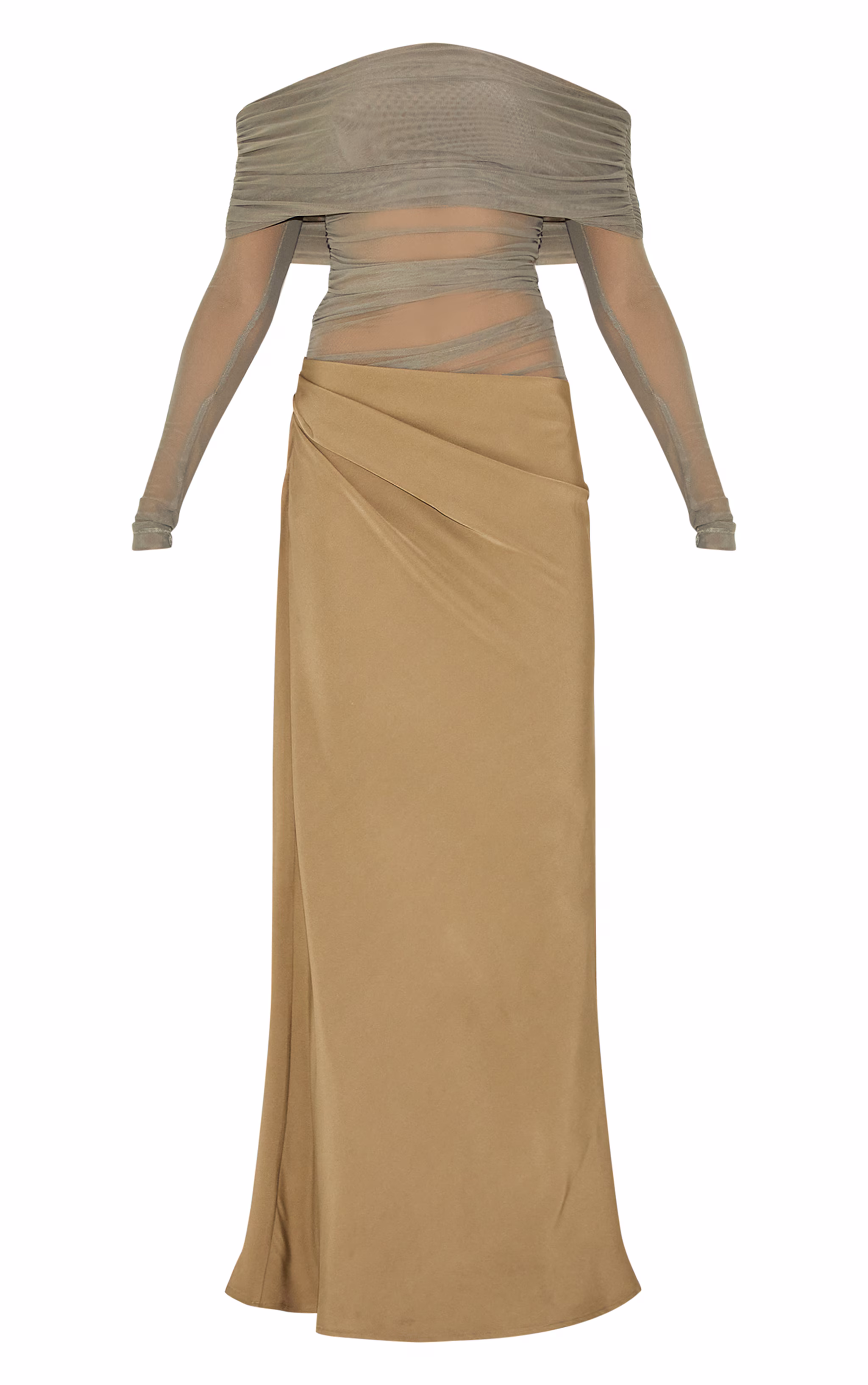 Olive Satin Mesh Detail Bardot Maxi Dress