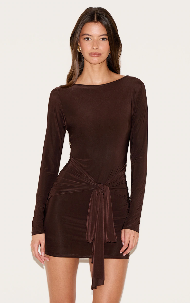 Chocolate Slinky Wrap Detail Mini Dress