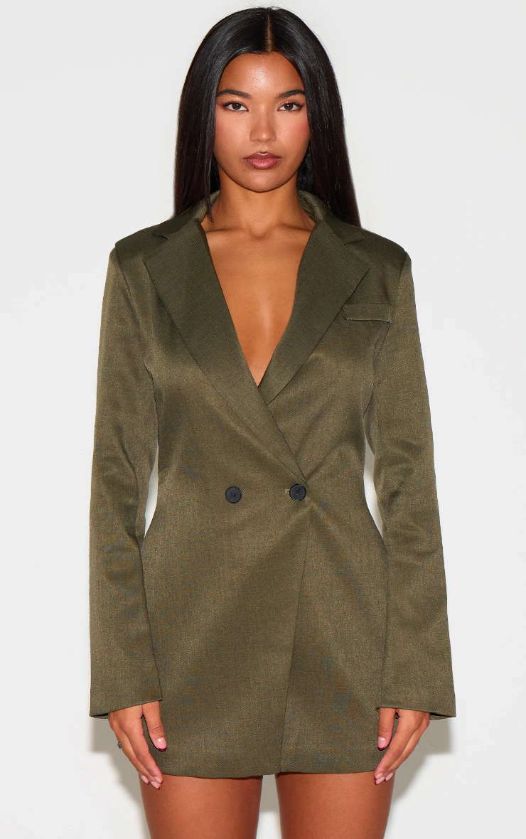 Khaki Woven Double Breasted Cinched Waist Blazer Dress