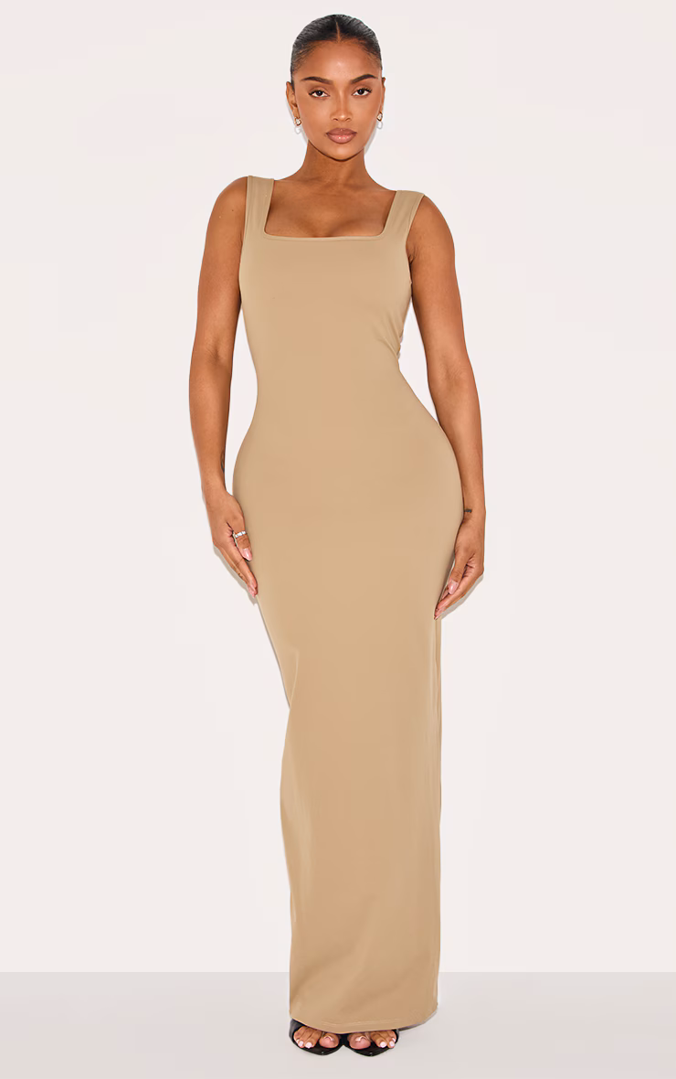 Shape Khaki Built In Bra Sculpt Square Neck Maxi Dress