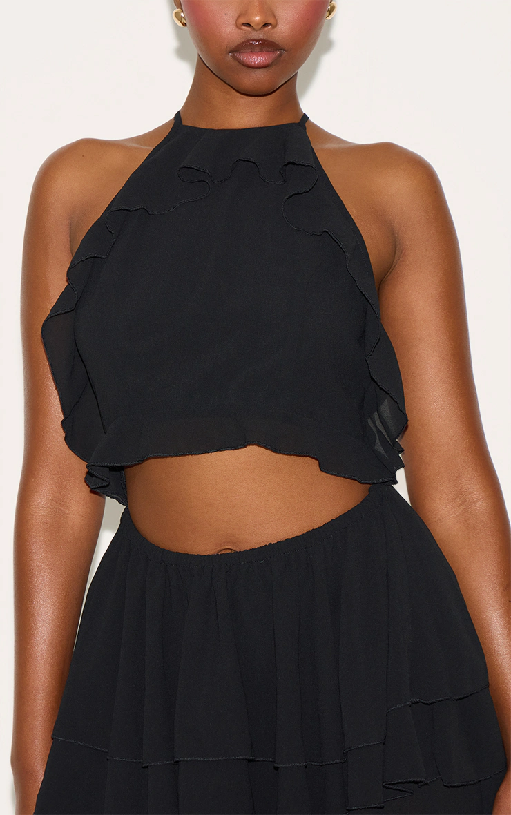 Black Halterneck Frill Cut Out Shift Dress