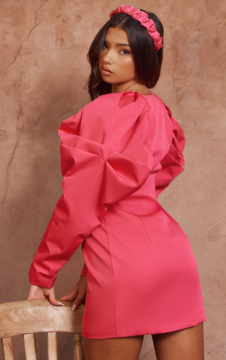 Hot Pink Puff Sleeve Plunge Blazer Dress