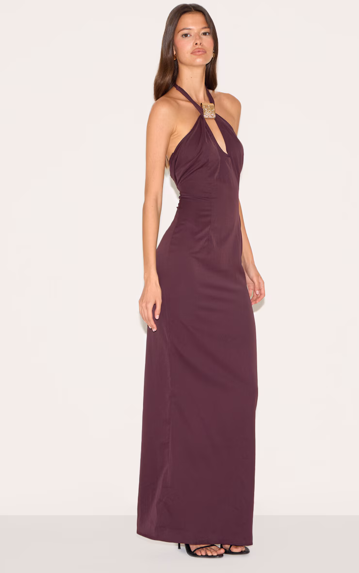 Plum Woven Halter Neck Trim Detail Maxi Dress