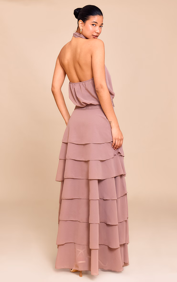 Taupe Chiffon Tiered Maxi Dress