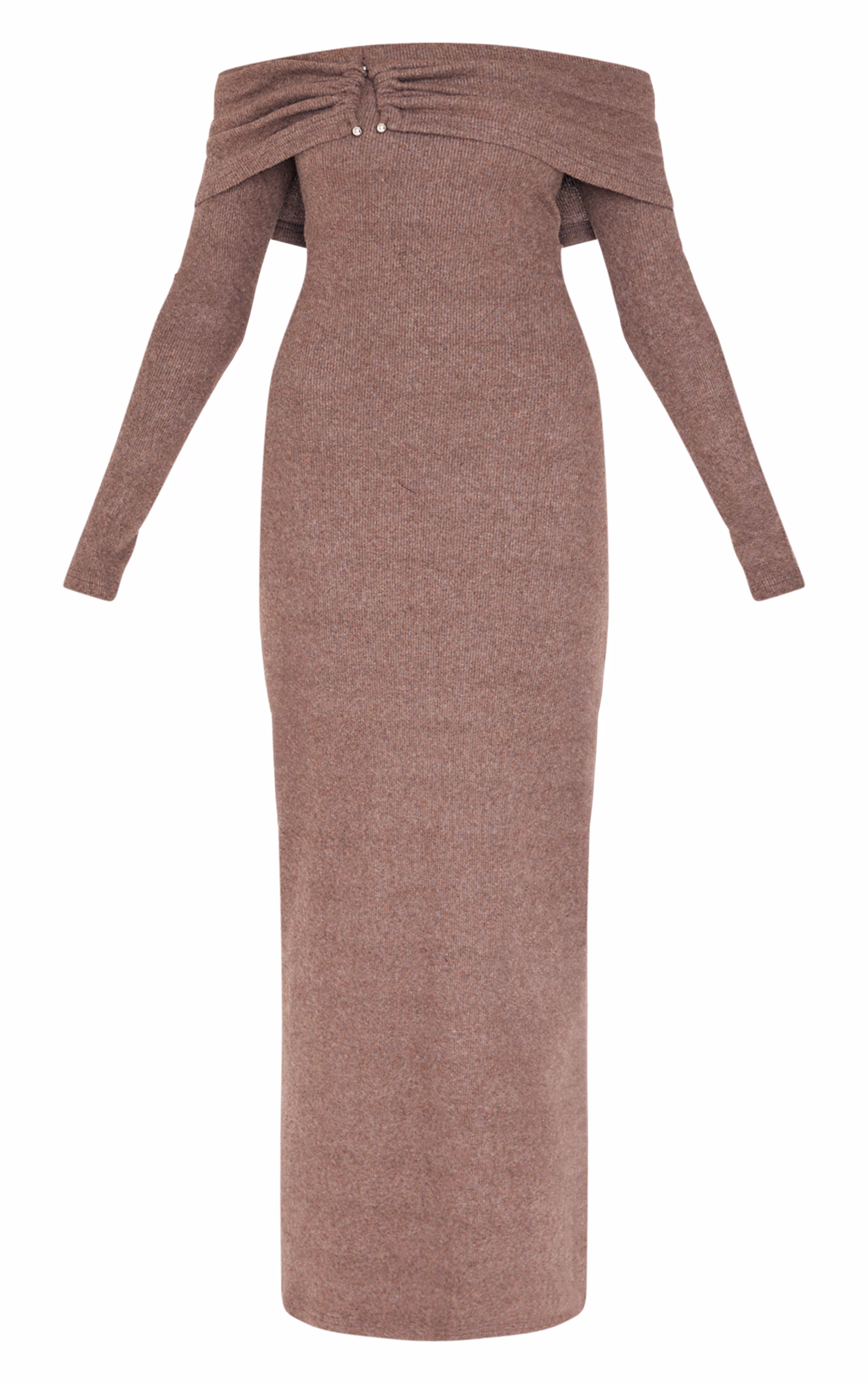 Chocolate Heavy Brushed Rib Bardot Trim Maxi Dress
