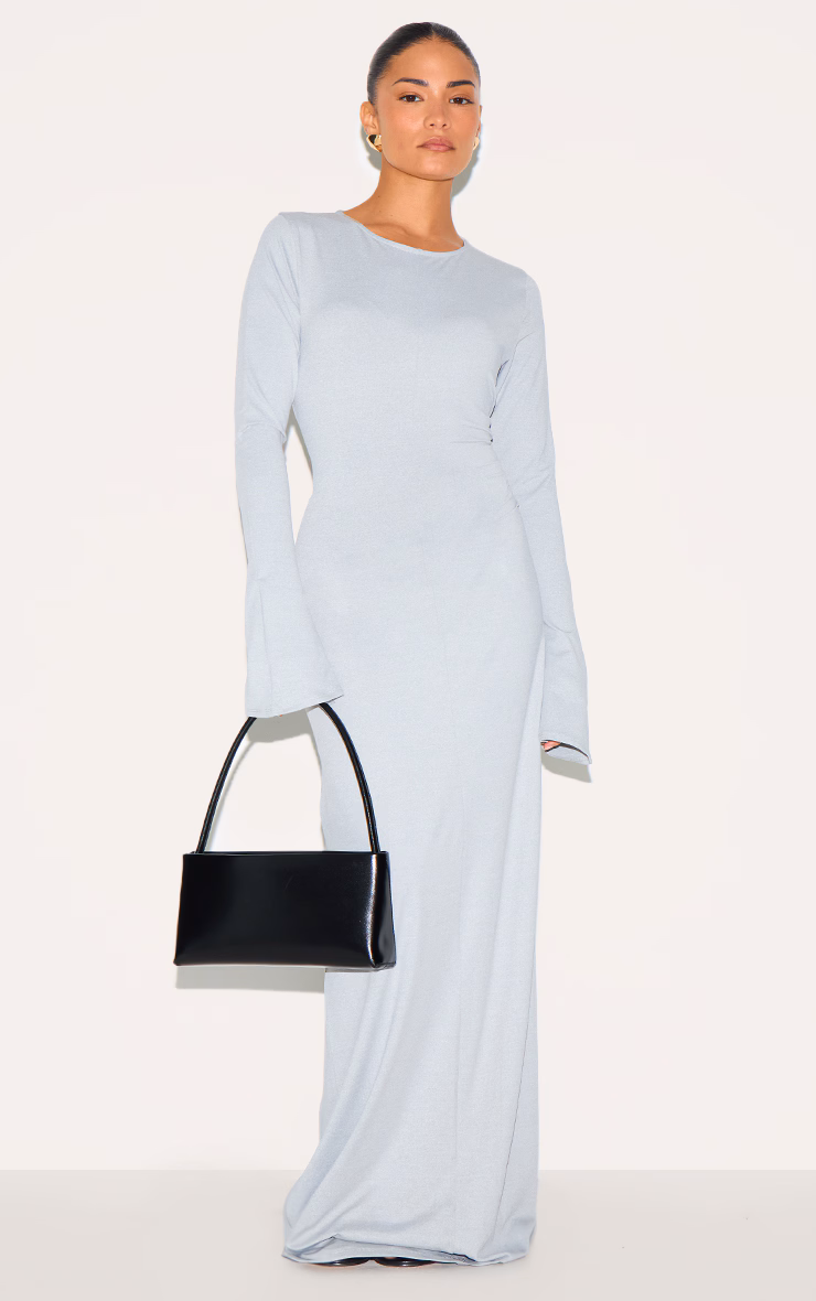 Petite Ash Grey Slinky Seam Detail Flared Sleeve Maxi Dress