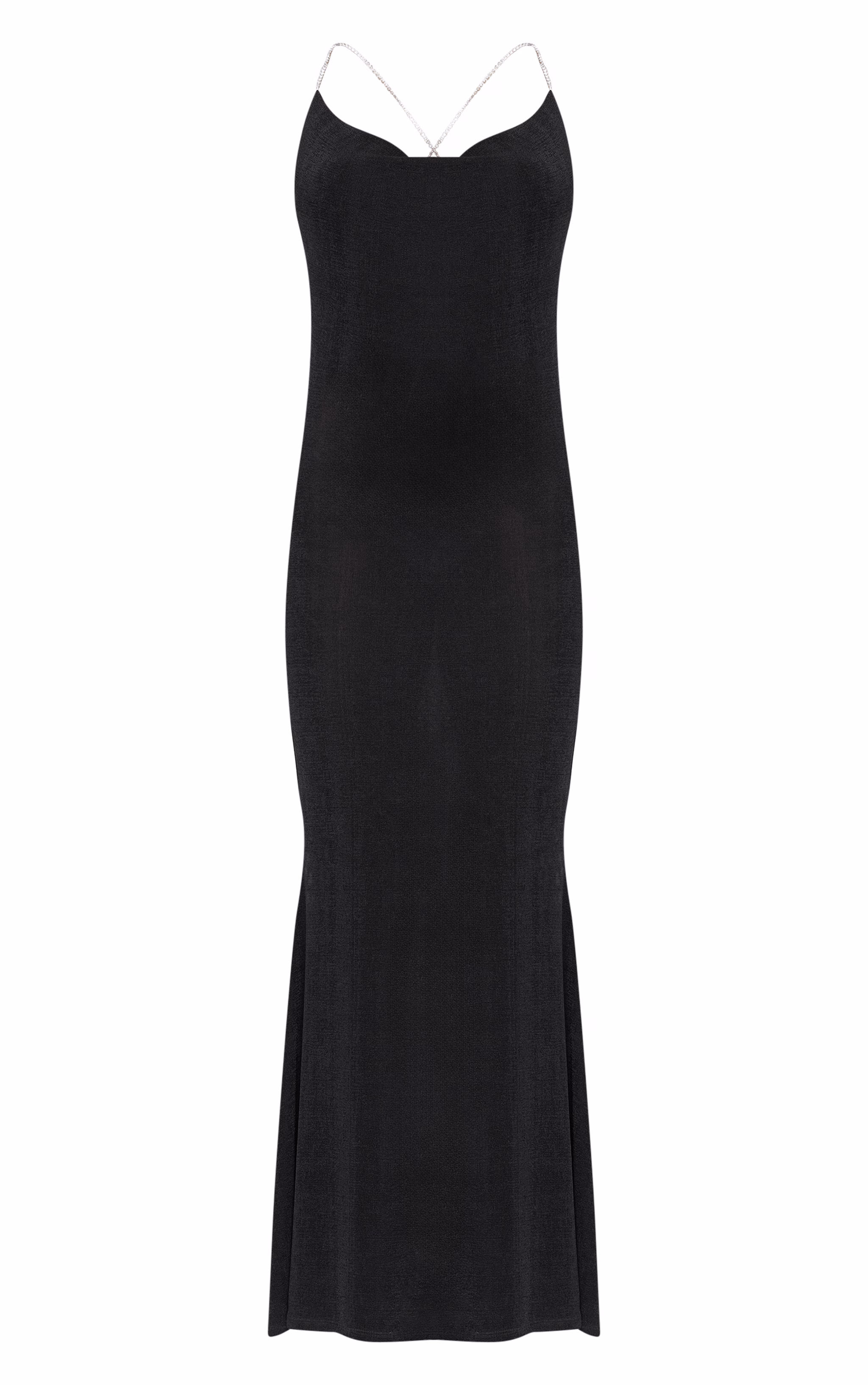 Black Slinky Diamante Strap Cowl Back Maxi Dress