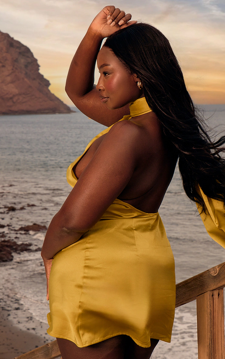 Plus Lime Satin Scarf Detail Bodycon Dress