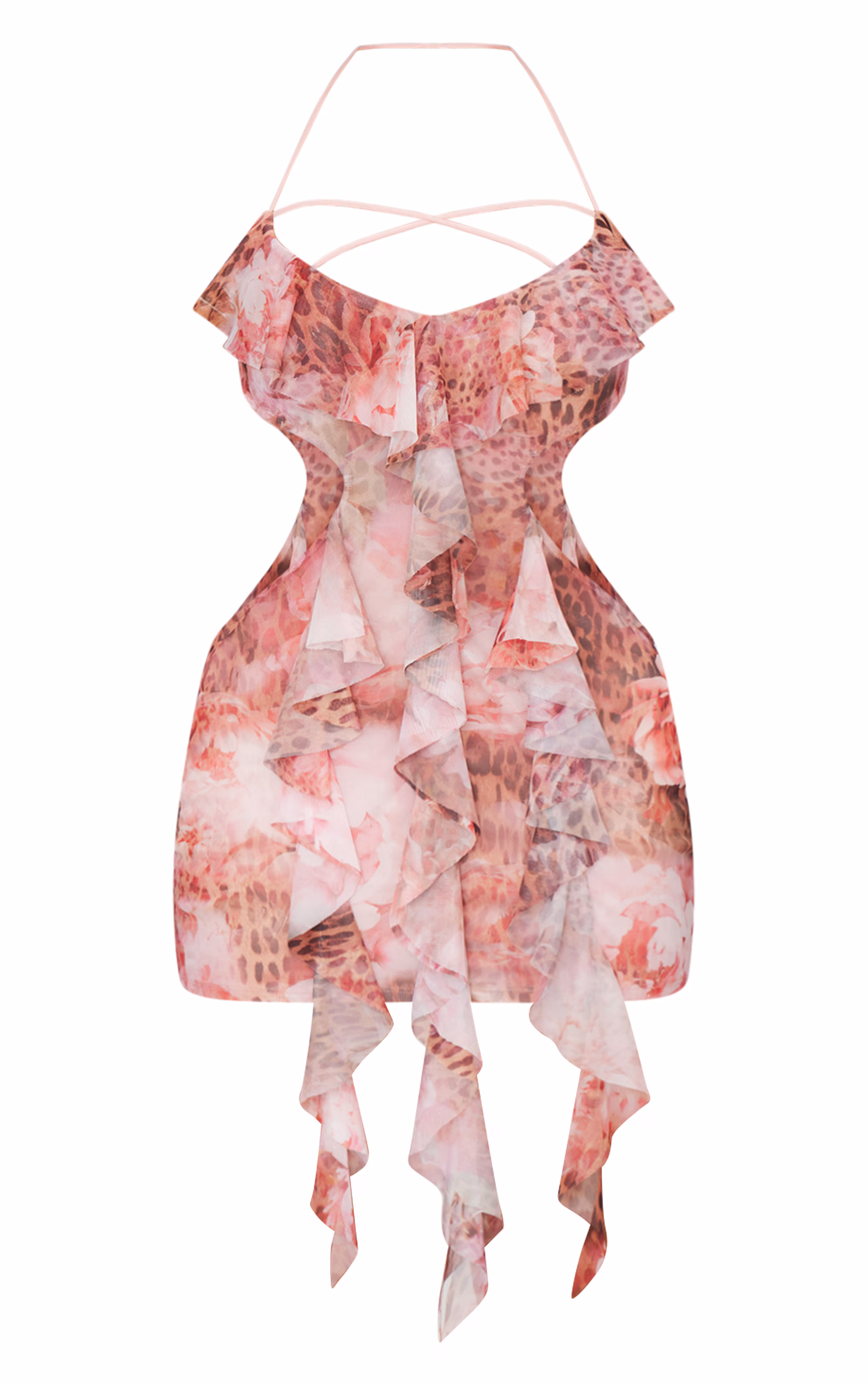 Shape Pink Mesh Printed Ruffle Open Back Halter Dress