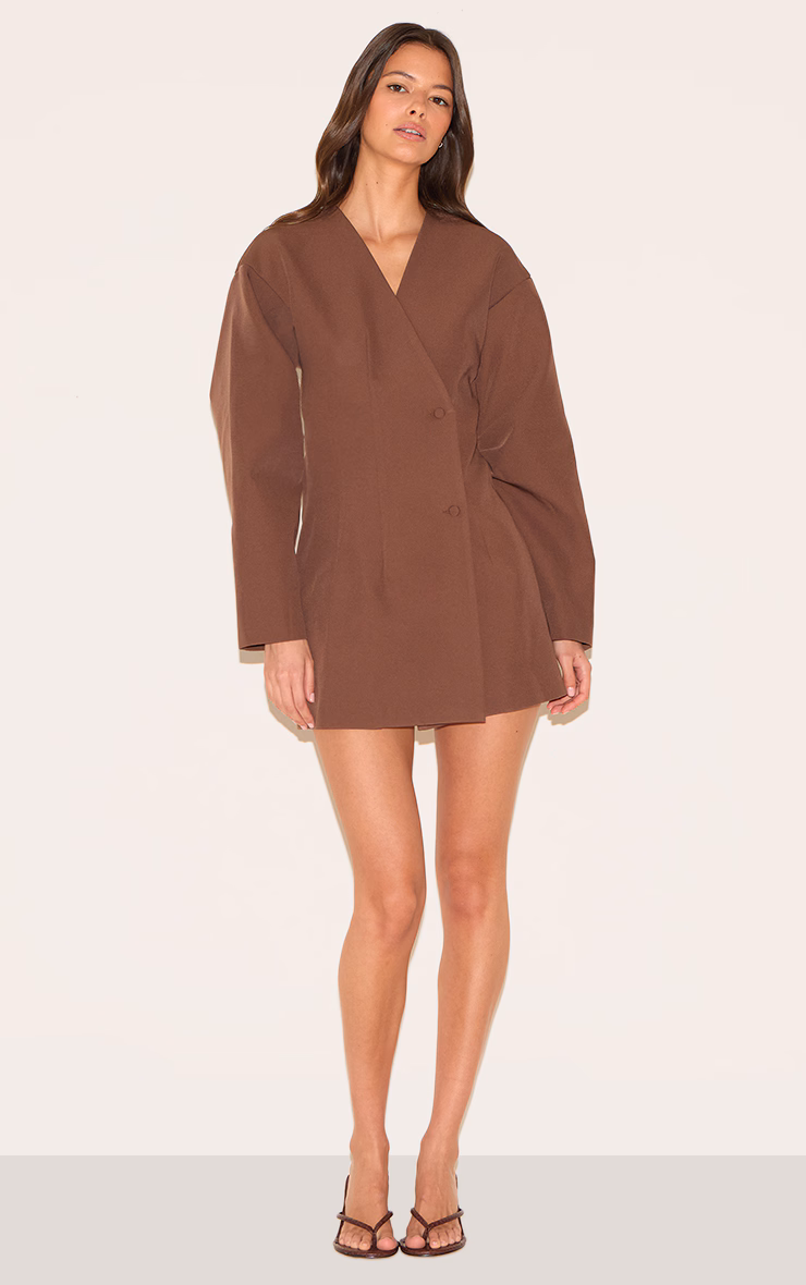 Tan Woven Balloon Sleeve Blazer Dress