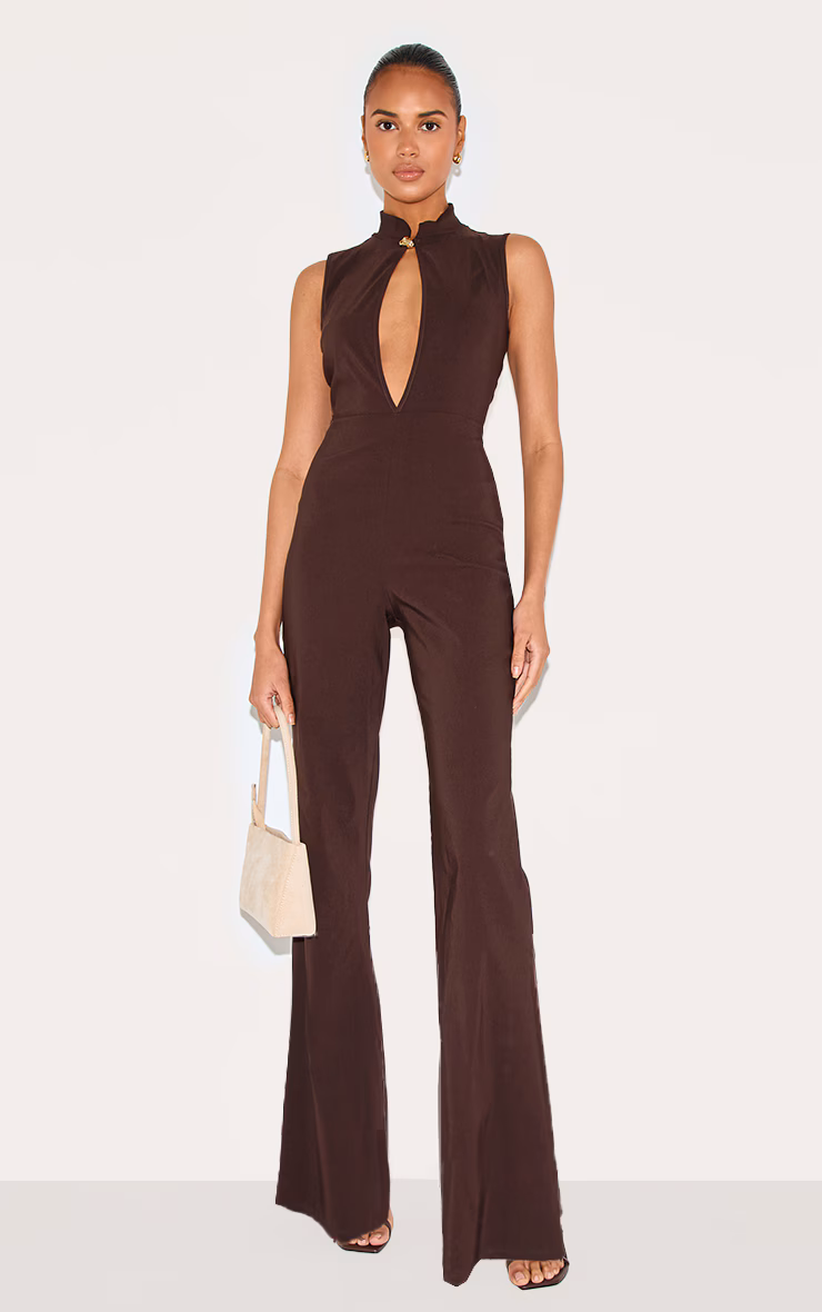 Dark Chocolate Stretch Woven Collared Gold Trim Straight Leg Jumpsuit