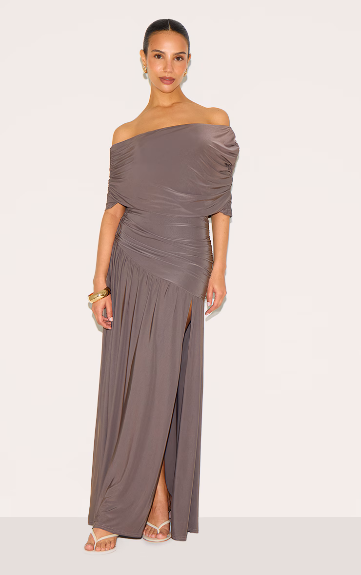 Petite Taupe Double Layer Slinky Bardot One Shoulder Ruched Maxi Dress