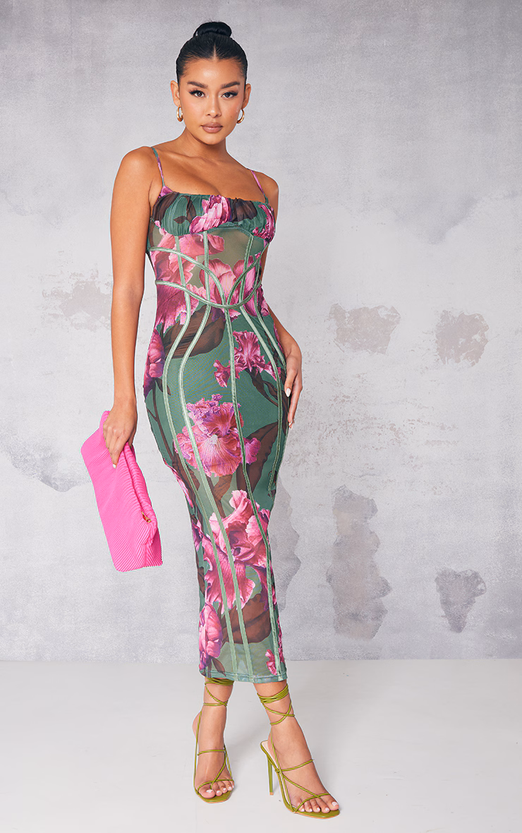 Green Floral Print Mesh Binding Detail Midaxi Dress