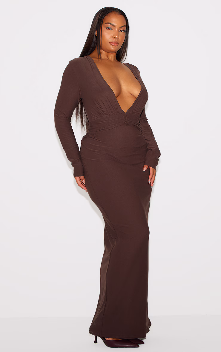 Chocolate Brown Soft Touch Twisted Plunge Maxi Dress