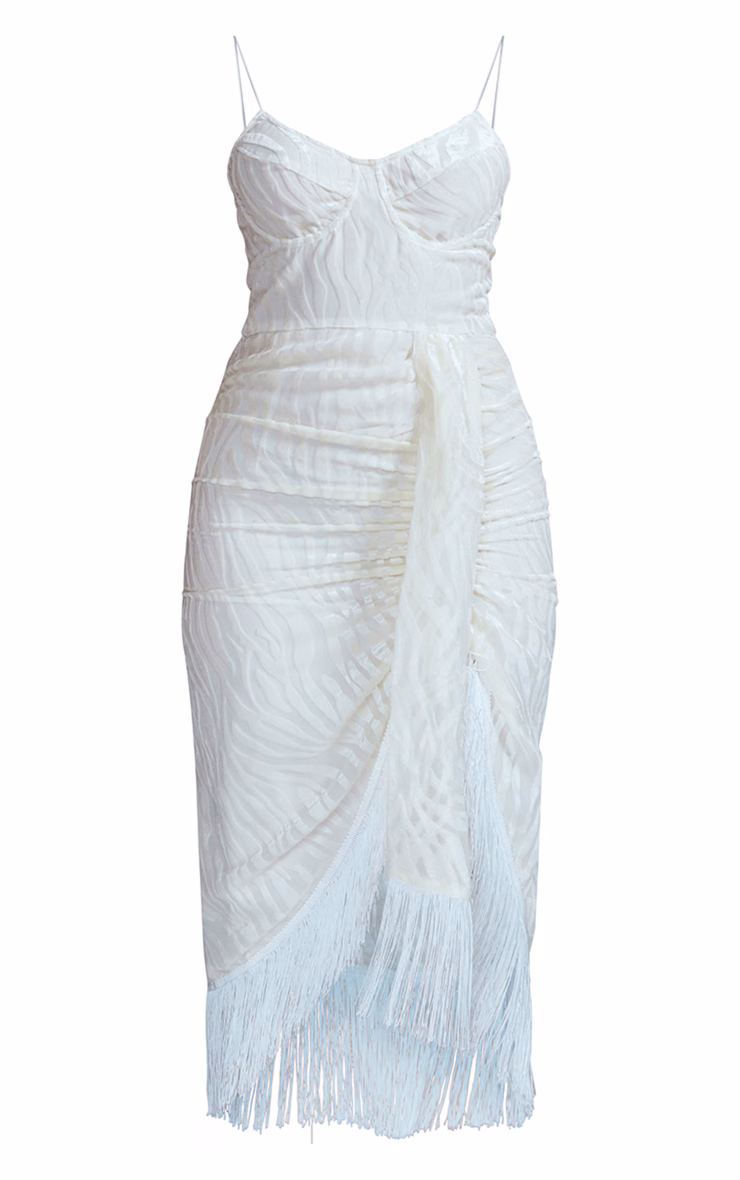 White Devore Tassel Detail Underwired Draped Midi Dress