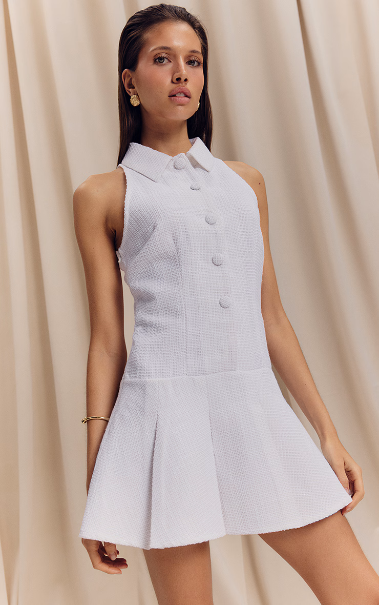 White Boucle Pleated Skater Dress