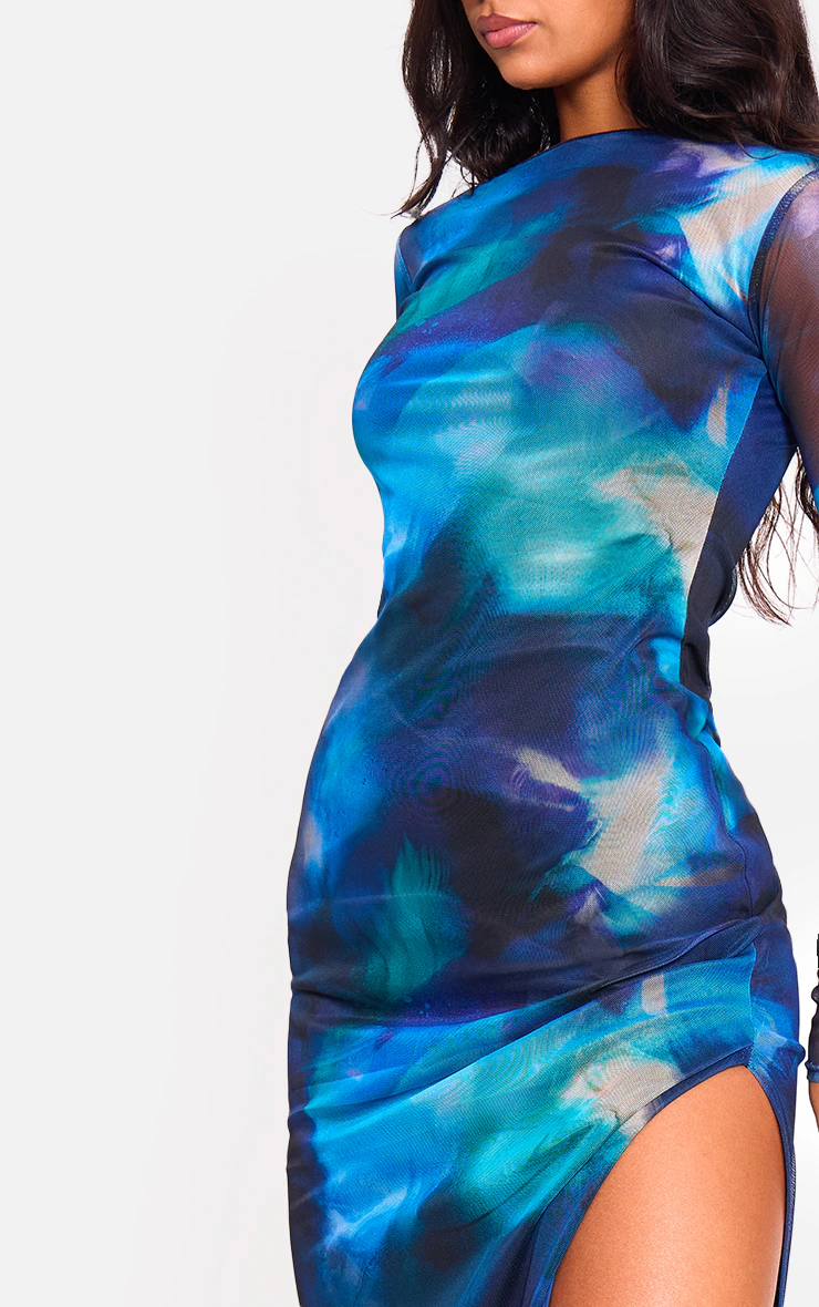 Blue Printed Mesh Long Sleeve Maxi Dress