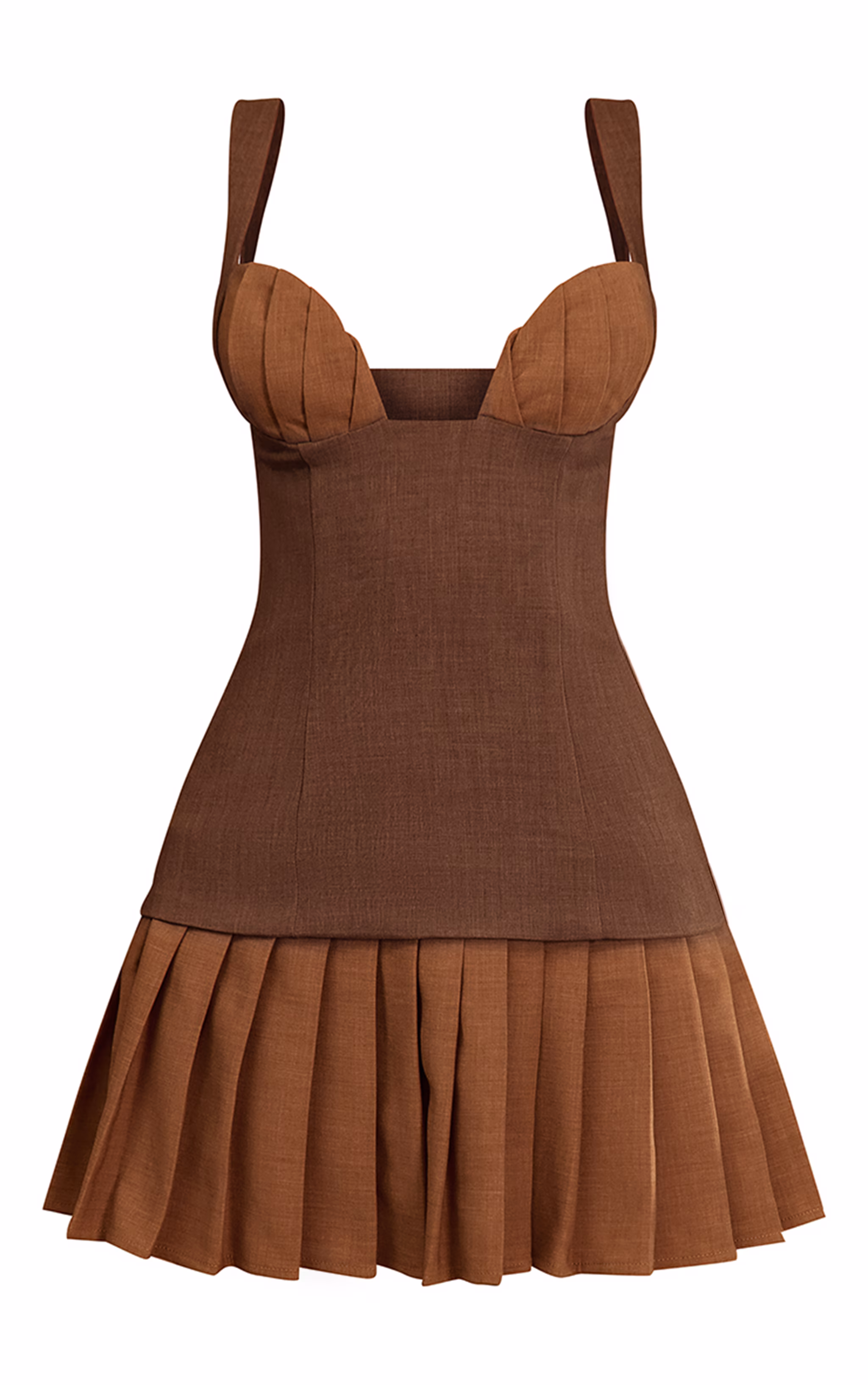 PLT Label Mocha Contrast Tailored Pleated Bust Bodycon Dress