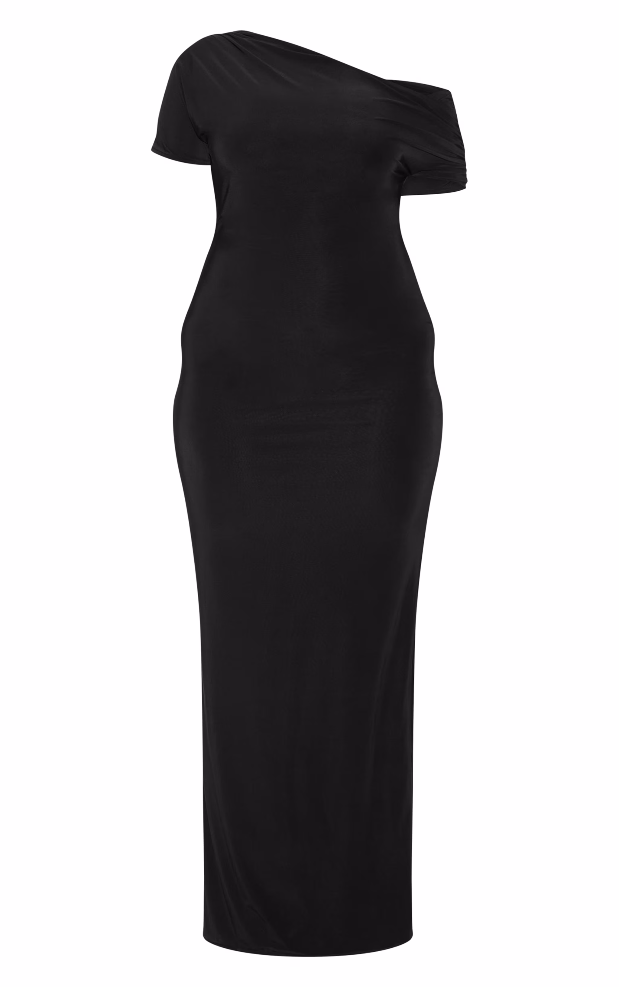 Plus Black Double Layer Slinky Asymmetric Ruched Sleeve Maxi Dress