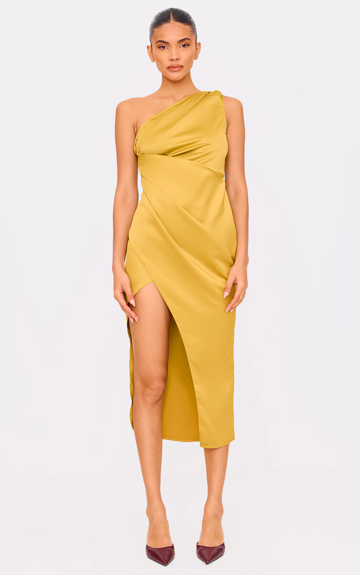 Olive Satin One Shoulder Pleat Detail Midi Dress