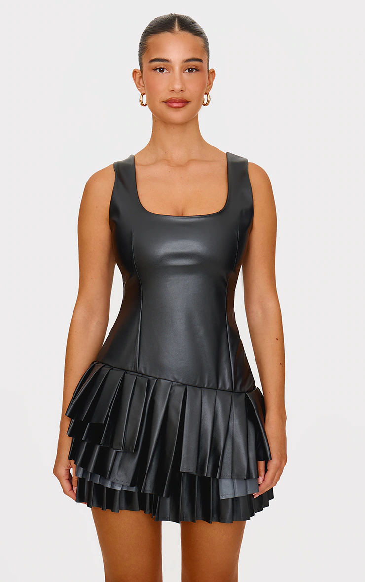 Black Faux Leather Pleated Asymmetric Mini Dress