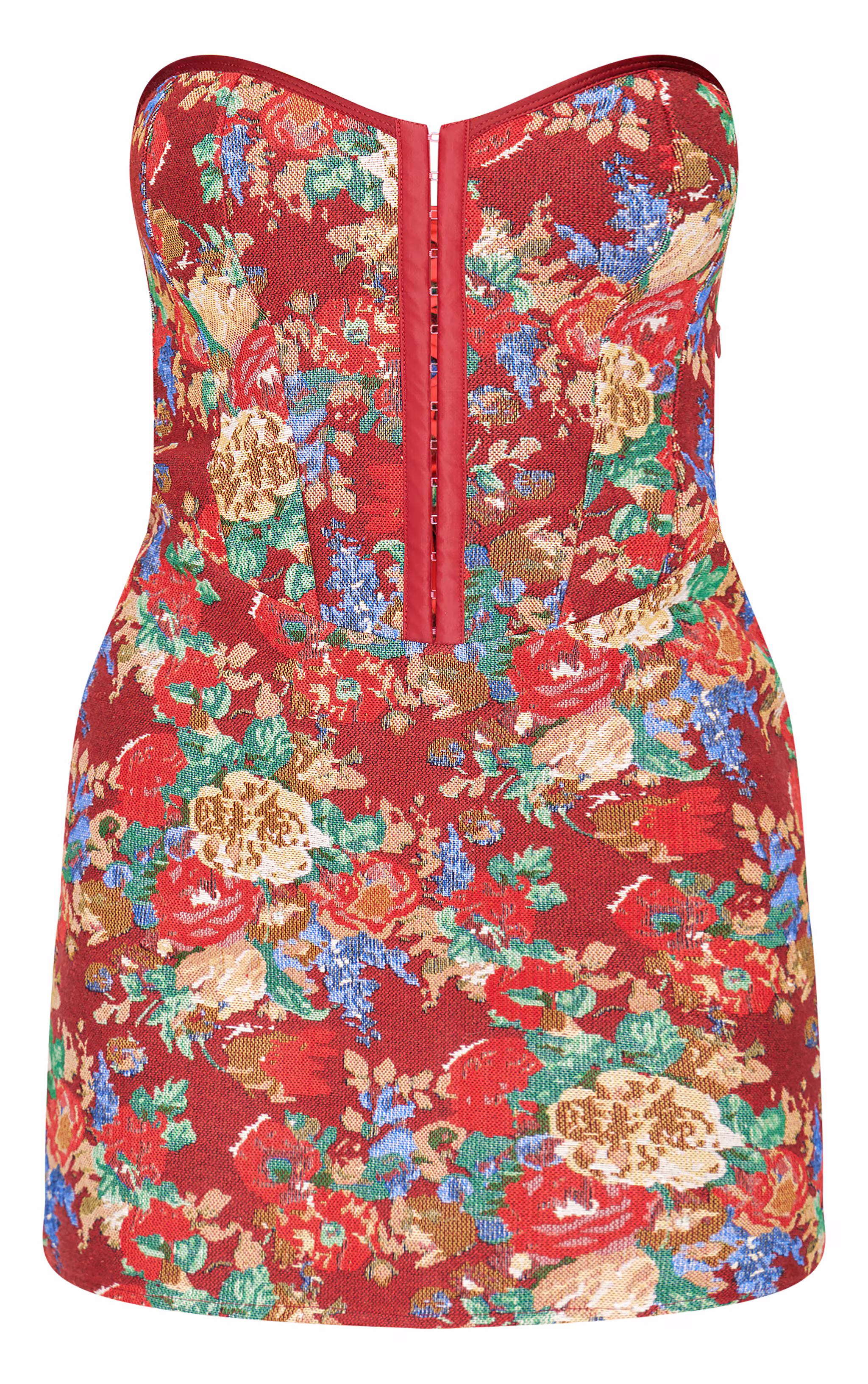 Burgundy Tapestry Bandeau Lace Up Back Bodycon Dress