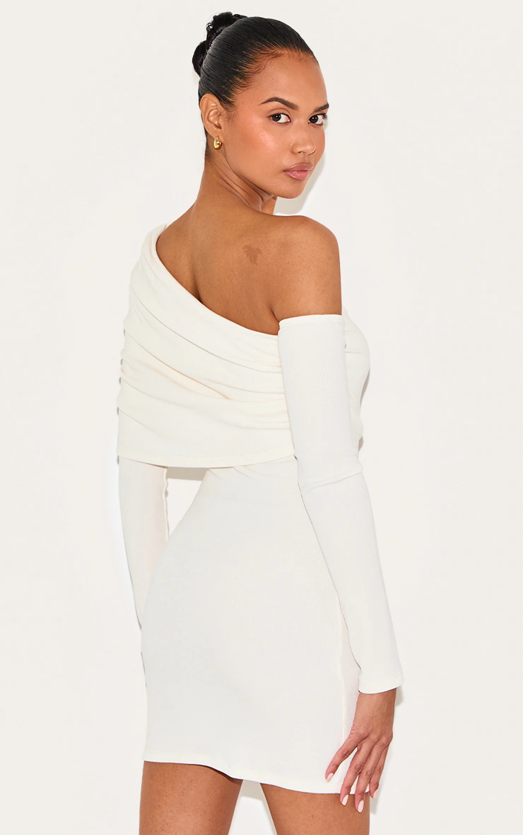 Cream Rib Bardot Long Sleeve Bodycon Dress