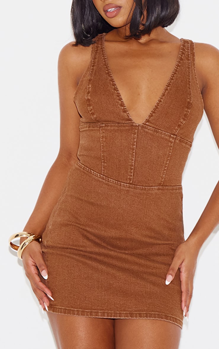 Brown Plunge Corset Style Denim Mini Dress