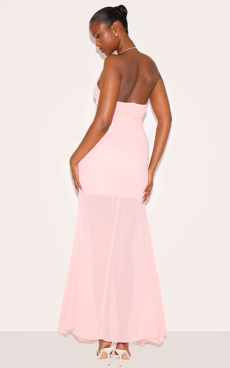 Pale Rose Chiffon Asymmetric Ruched Maxi Dress