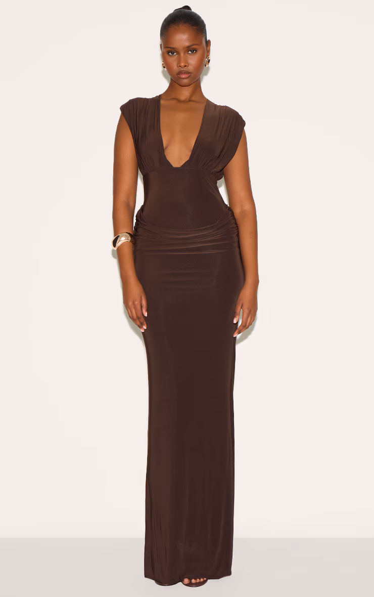 Chocolate Brown Double Layer Plunge Ruched Shoulder Drape Waist Maxi Dress