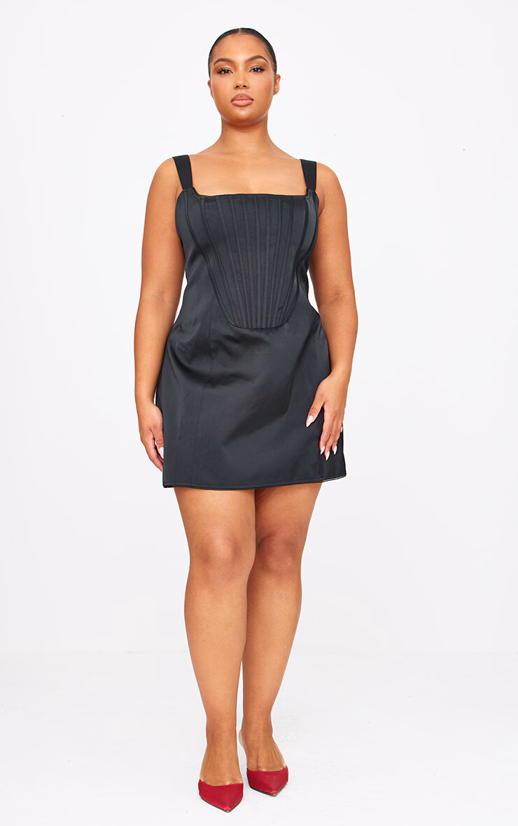 Plus Premium Black Woven Lace Back Corset Bodycon Dress