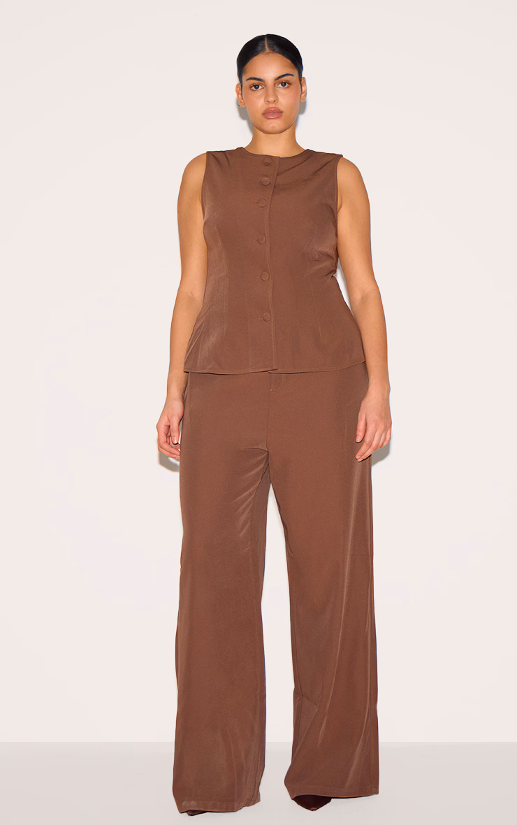 Plus Chocolate Brown High Neck Vest Straight Leg Jumpsuit