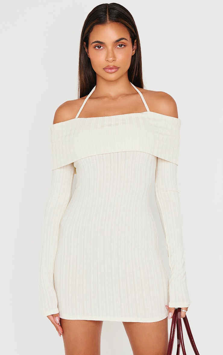 Cream Rib Bardot Fold Over Bodycon Dress