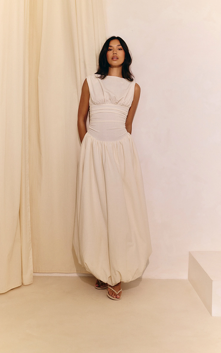 Cream Boat Neck Ruched Detail Puffball Maxi Dress