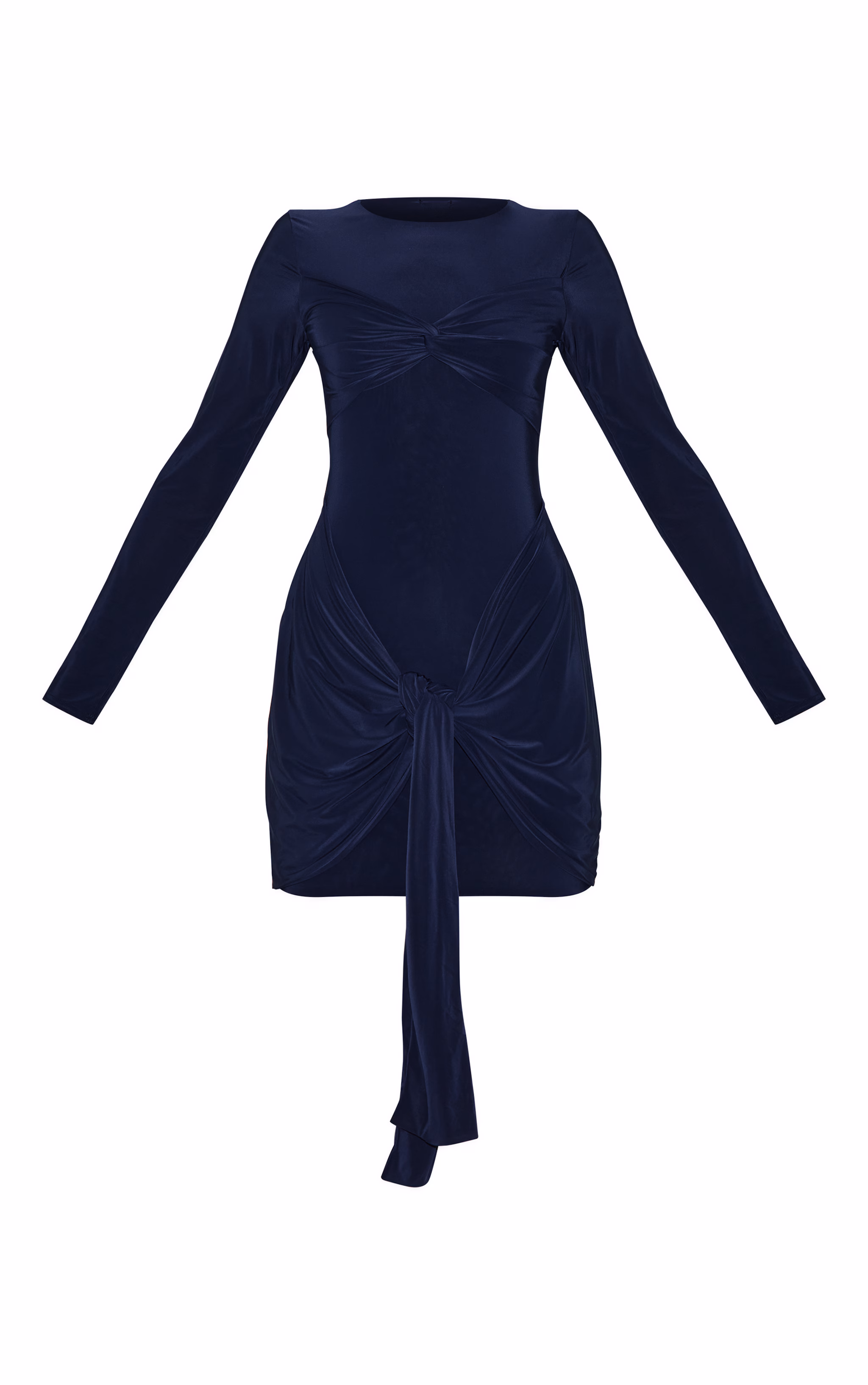 Navy Slinky Long Sleeve Wrap Bust Twist Detail Mini Dress