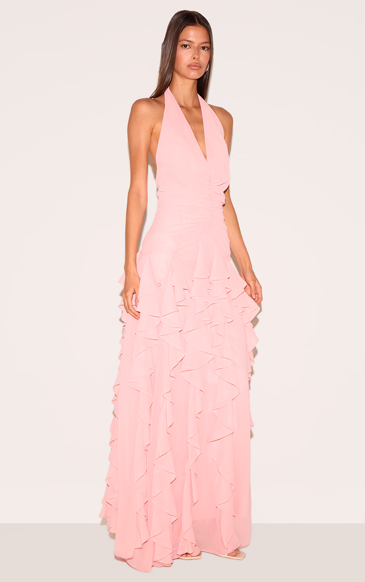 Light Pink Plunge Ruched Frill Detail Maxi Dress