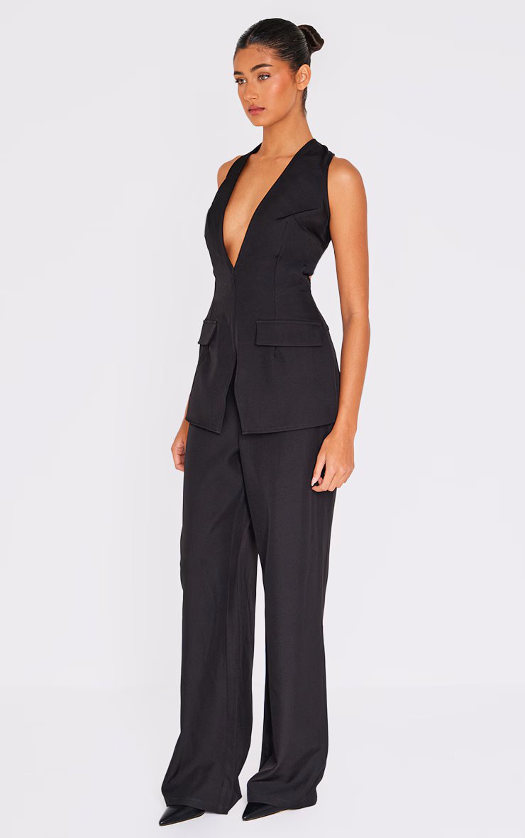 Black Structured Woven Vest Detail Straight Leg Jumpsuit