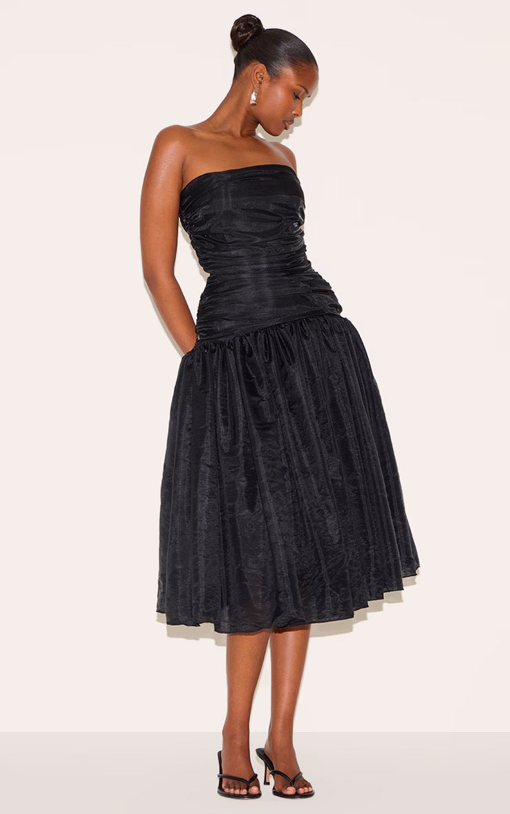 Black Organza Ruched Bodice Midi Dress