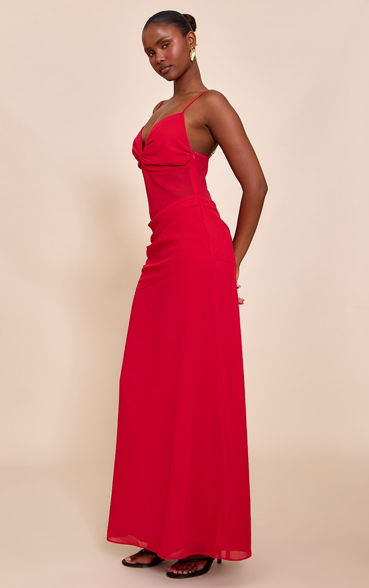 Tomato Red Chiffon Twist Cut Out Maxi Dress