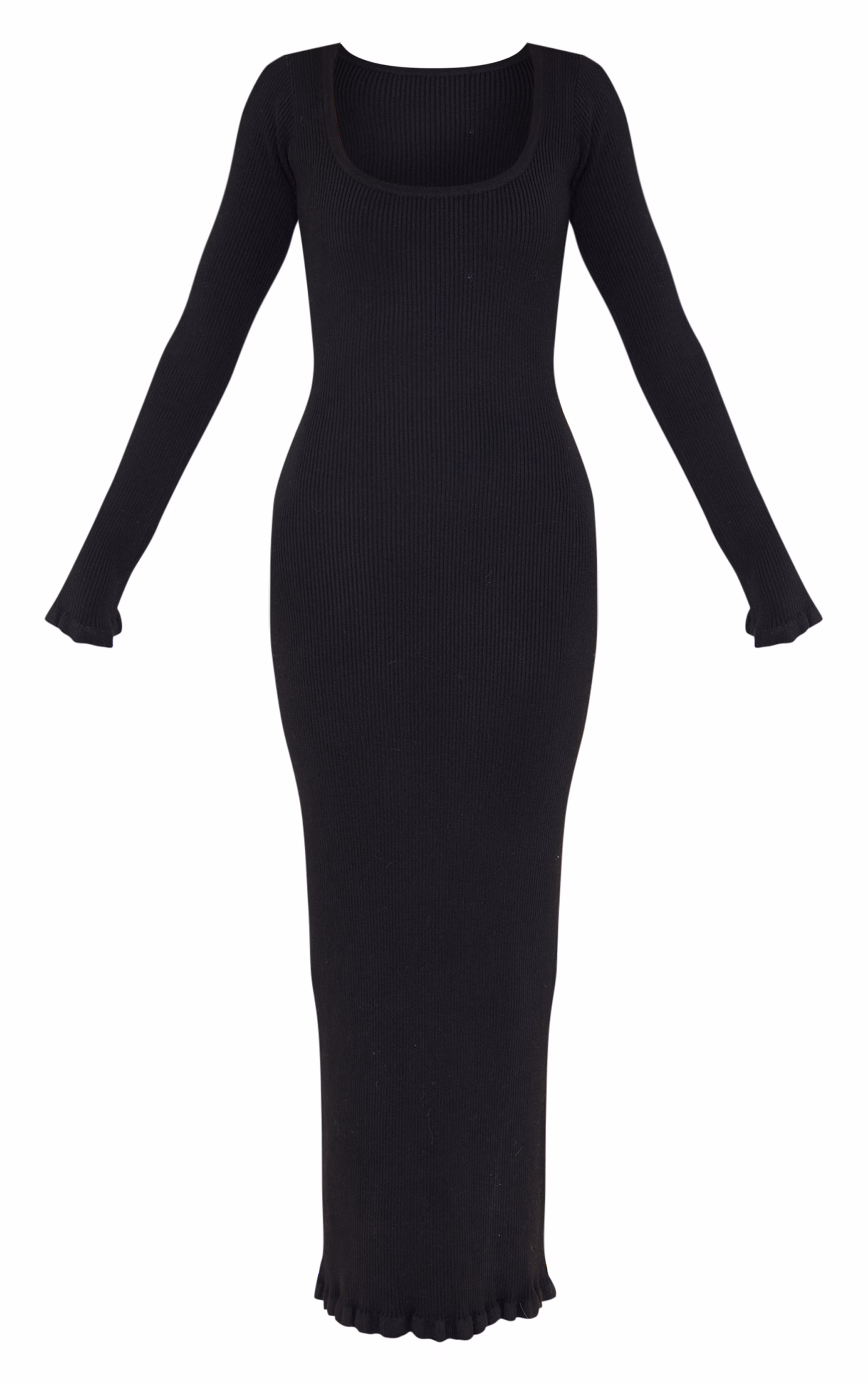 Black Rib Knit Piquet Hem Maxi Dress