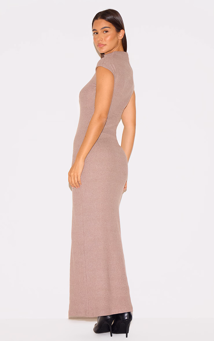 Mushroom Heavy Brushed Rib High Neck Cap Sleeve Maxi Dress
