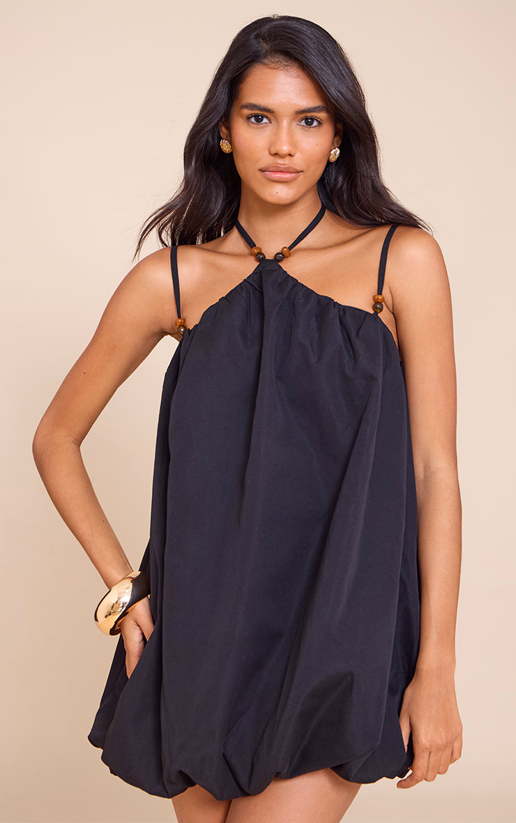 Black Halterneck Bead Detail Puffball Dress