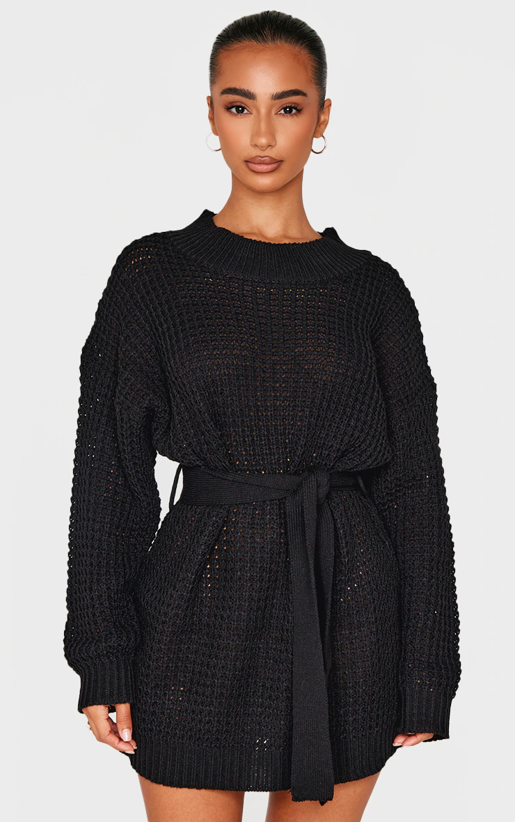 Petite Black Touch Belted Knit Sweater Dress