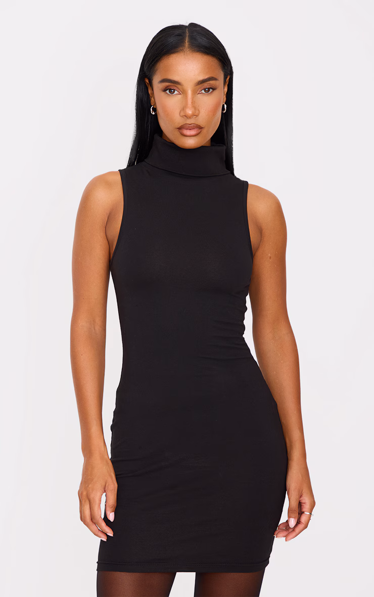 Black Cotton High Roll Neck Mini Dress