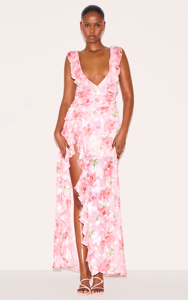 Pink Floral Chiffon Frill Plunge Strappy Maxi Dress