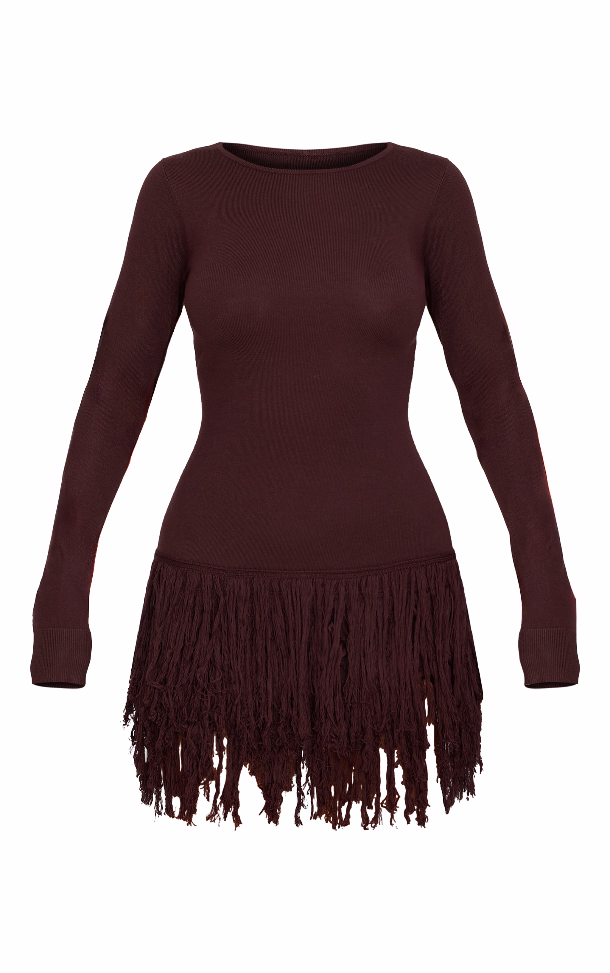 Cappuccino Fine Knit Fringe Hem Long Sleeve Micro Mini Dress